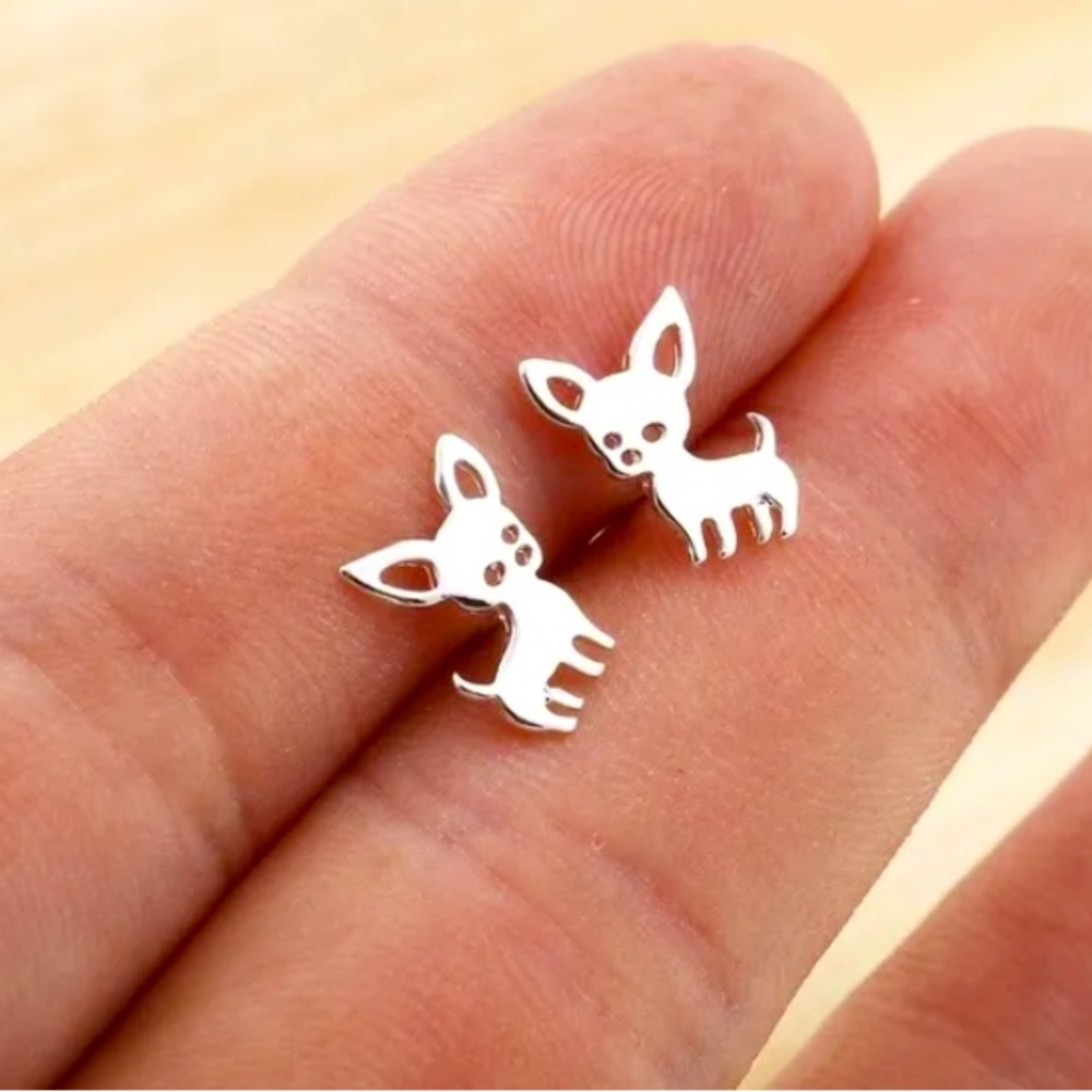 Teeny Tiny Sterling Silver Dog Lover Chihuahua Micro Stud Earrings - Picture 2 of 5